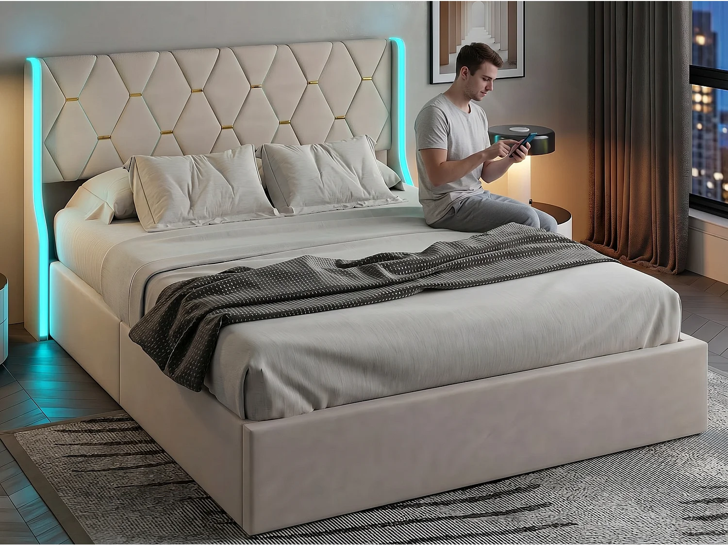 Lit coffre 160x200 cm - Lit double capitonné PU beige - LED RGB intégrée - Sommier relevable