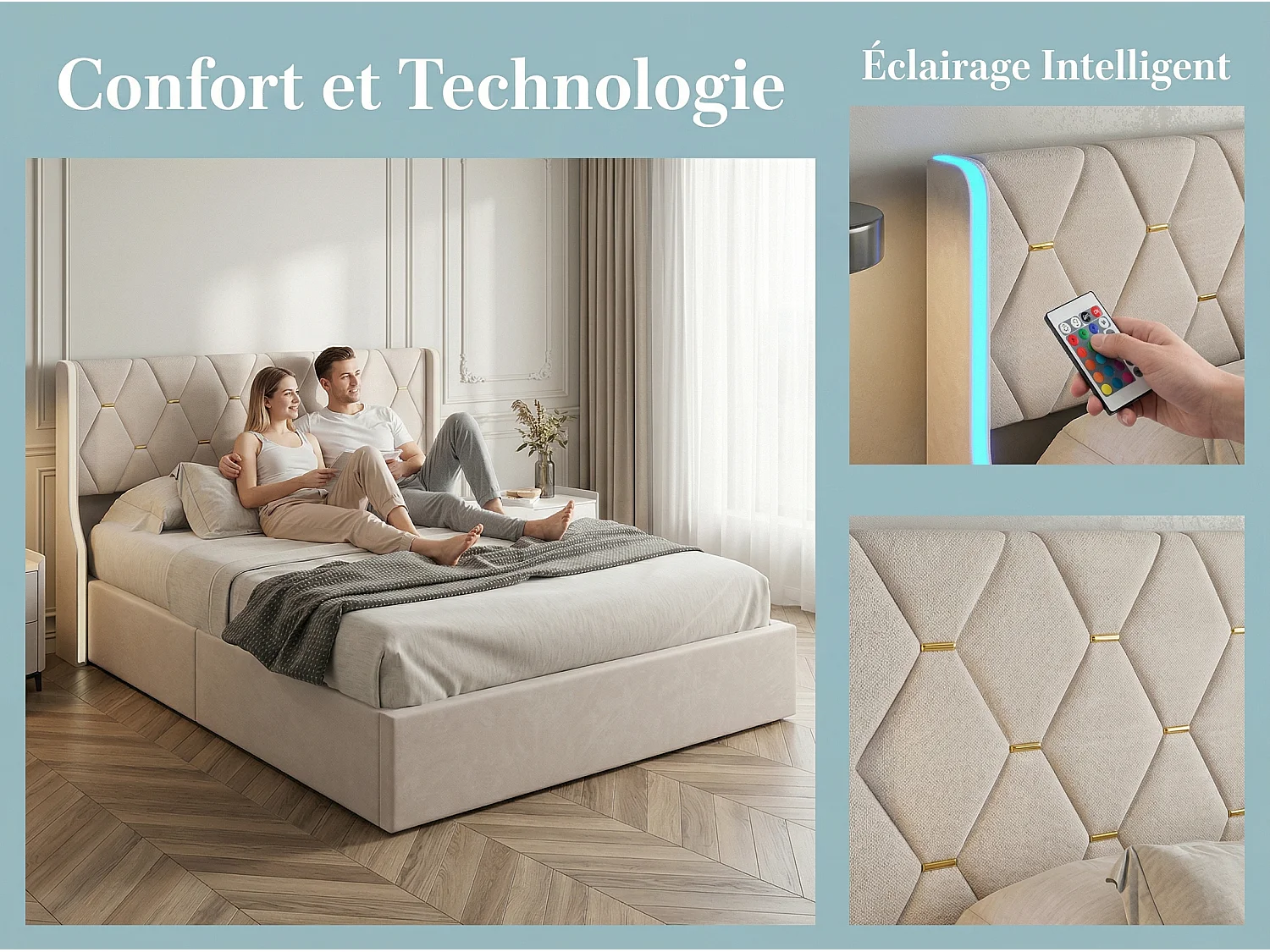 Lit coffre 160x200 cm - Lit double capitonné PU beige - LED RGB intégrée - Sommier relevable