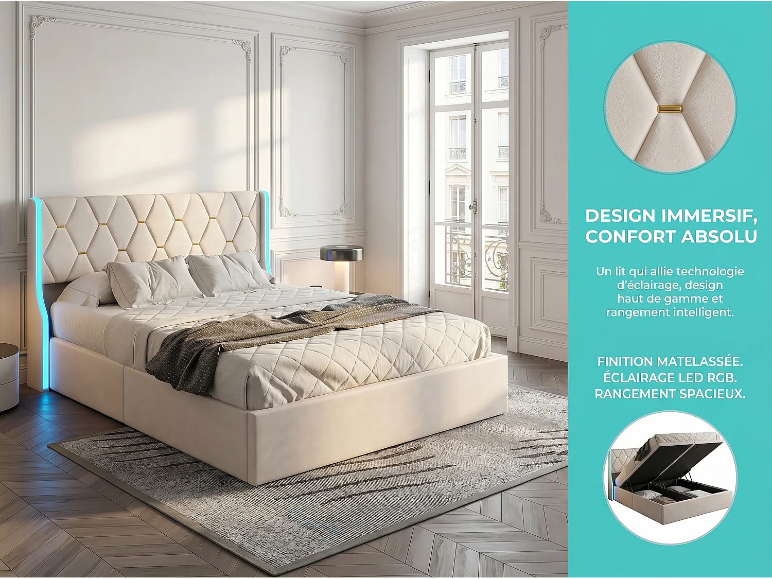 Lit coffre 160x200 cm - Lit double capitonné PU beige - LED RGB intégrée - Sommier relevable