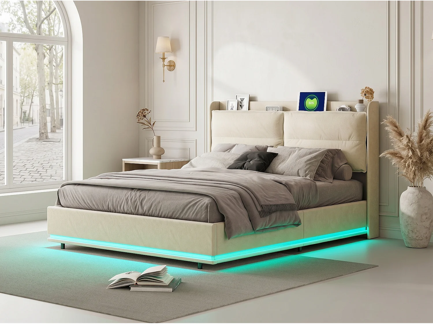 Lit coffre 160x200 cm - Lit double capitonné PU beige - LED RGB intégrée - Sommier relevable