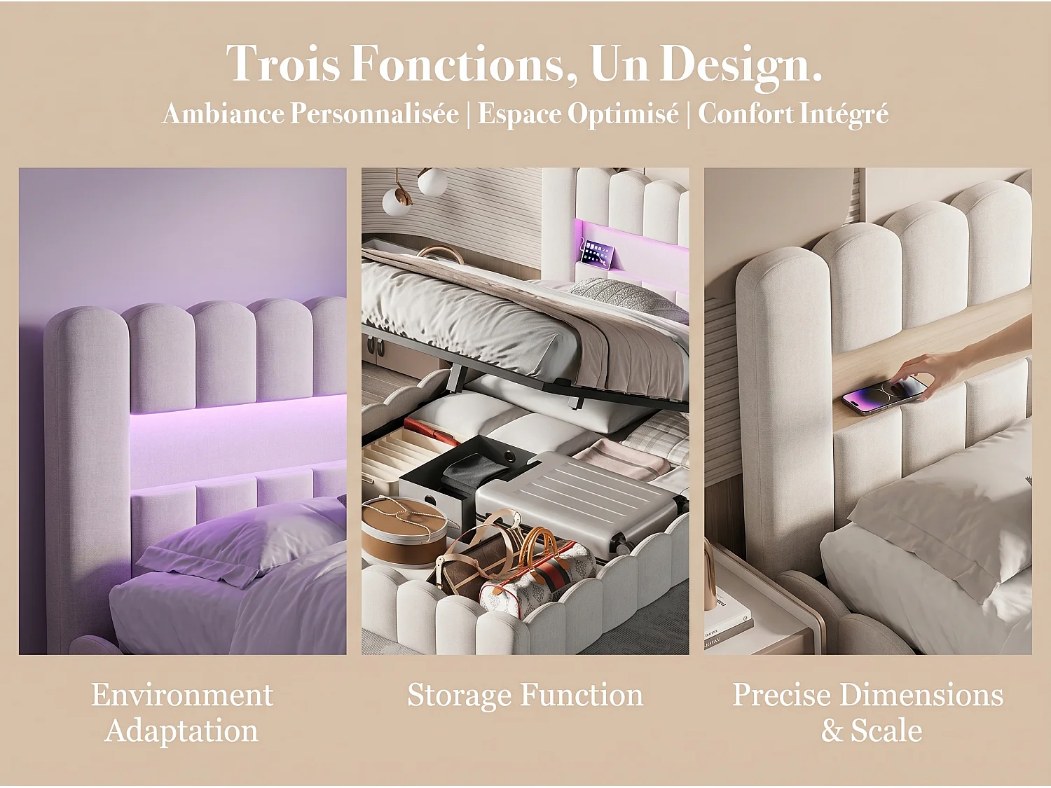 Lit coffre rembourré 180x200 cm - LED intégrée et ports USB - Tissu beige - Sommier relevable à lattes - Grand espace de rangement
