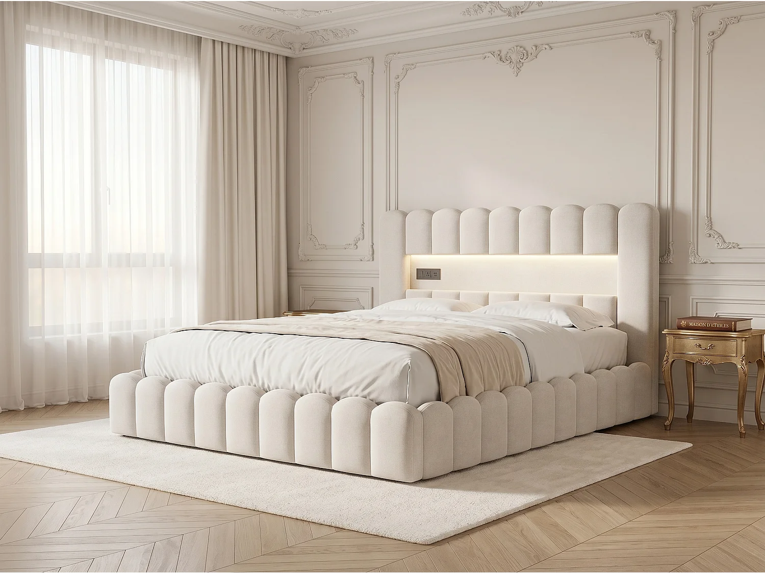 Lit coffre rembourré 180x200 cm - LED intégrée et ports USB - Tissu beige - Sommier relevable à lattes - Grand espace de rangement