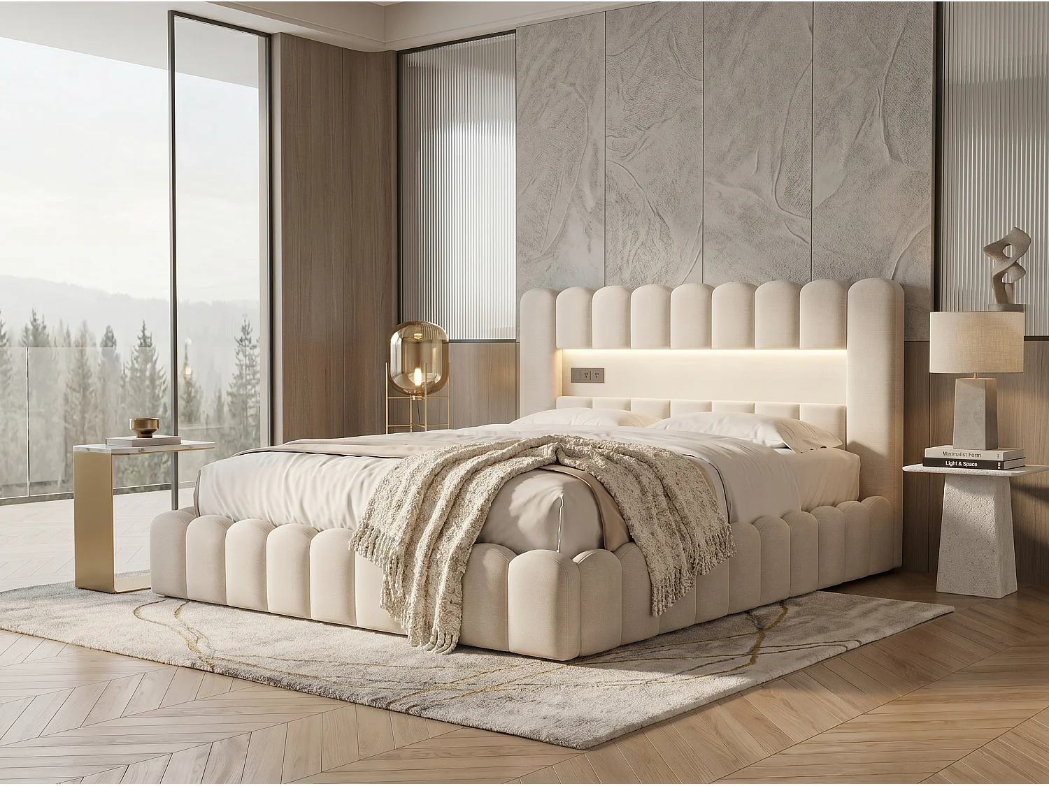 Lit coffre rembourré 180x200 cm - LED intégrée et ports USB - Tissu beige - Sommier relevable à lattes - Grand espace de rangement