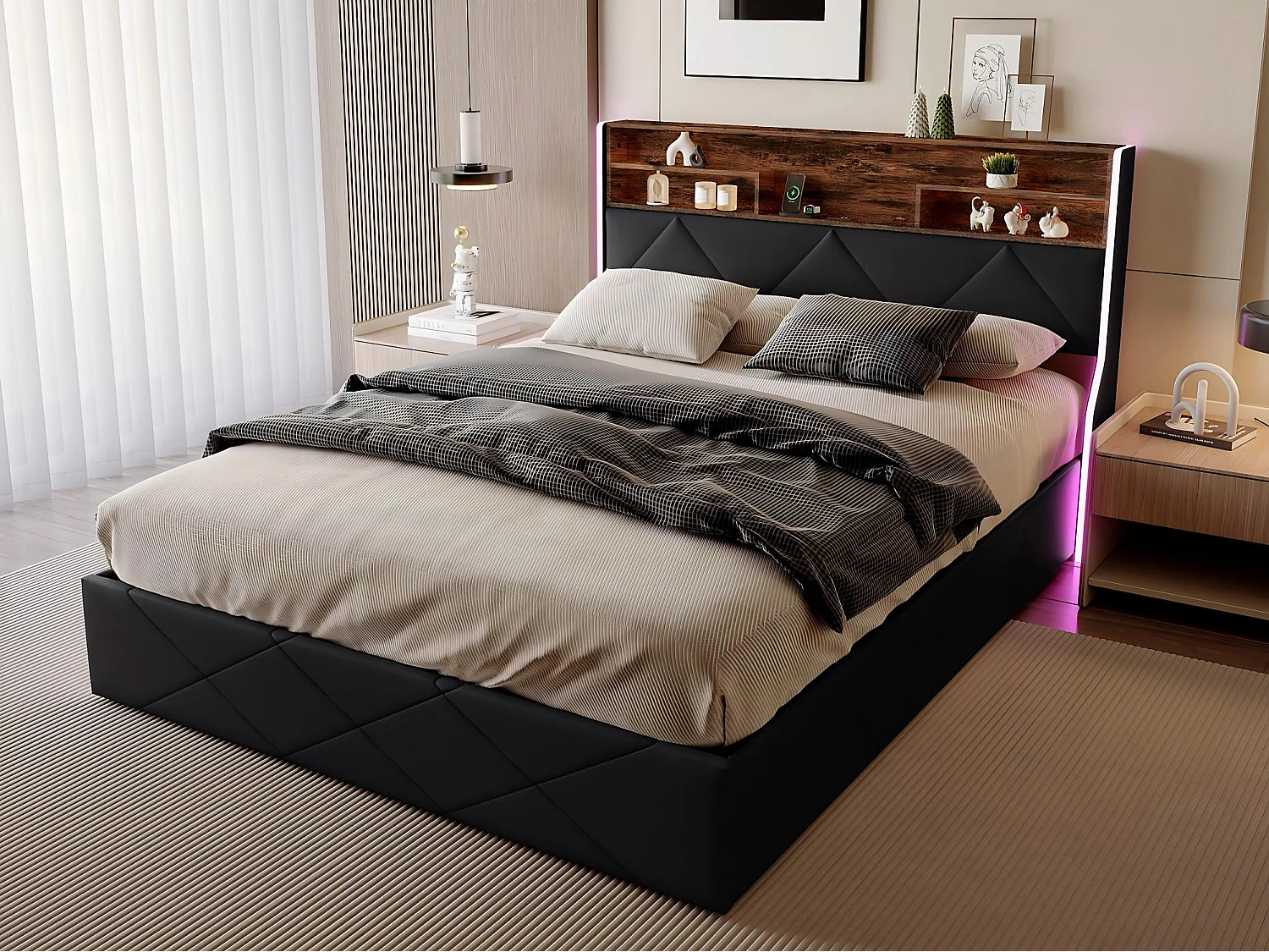 Lit coffre avec LED et USB, lit rembourré cuir, tête de lit avec rangement, design moderne, 140x200 / 160x200