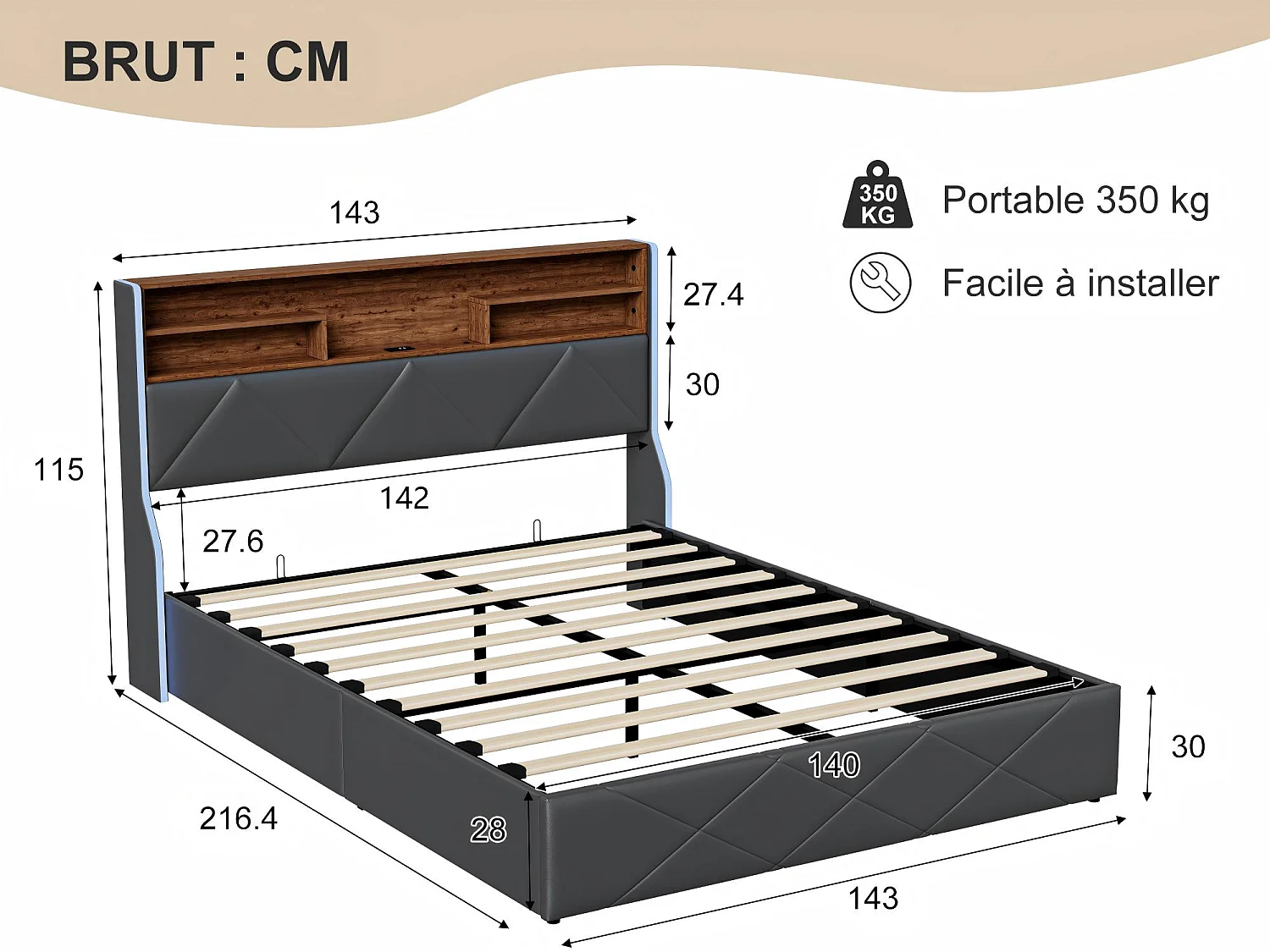 Lit coffre avec LED et USB, lit rembourré cuir, tête de lit avec rangement, design moderne, 140x200 / 160x200