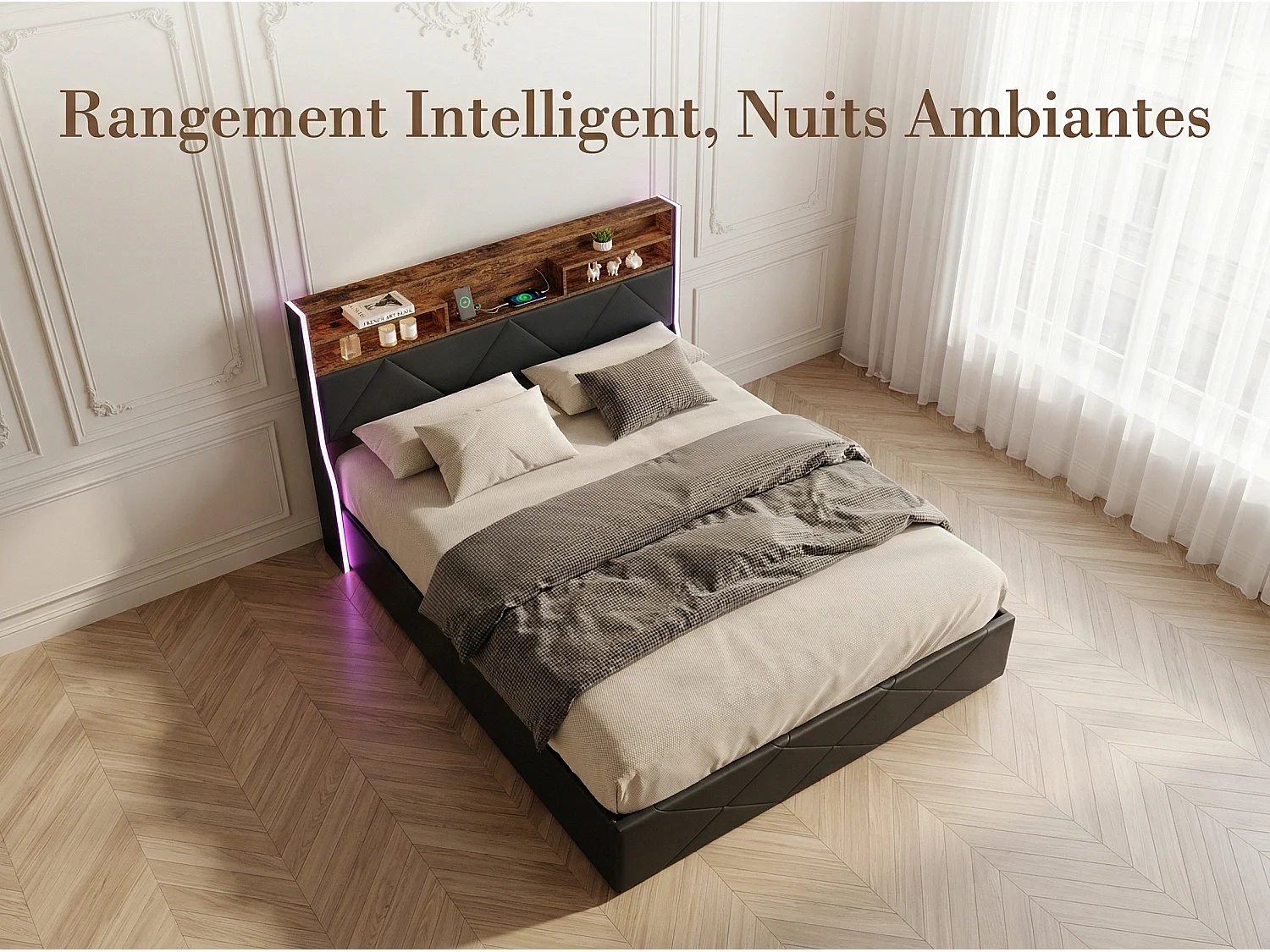 Lit coffre avec LED et USB, lit rembourré cuir, tête de lit avec rangement, design moderne, 140x200 / 160x200