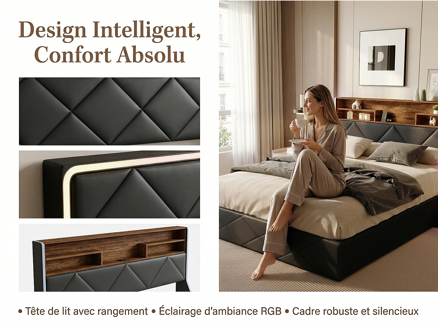 Lit coffre avec LED et USB, lit rembourré cuir, tête de lit avec rangement, design moderne, 140x200 / 160x200