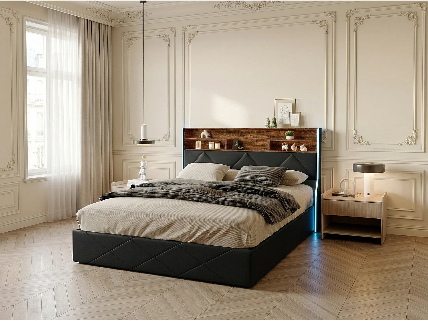 Lit coffre avec LED et USB, lit rembourré cuir, tête de lit avec rangement, design moderne, 140x200 / 160x200