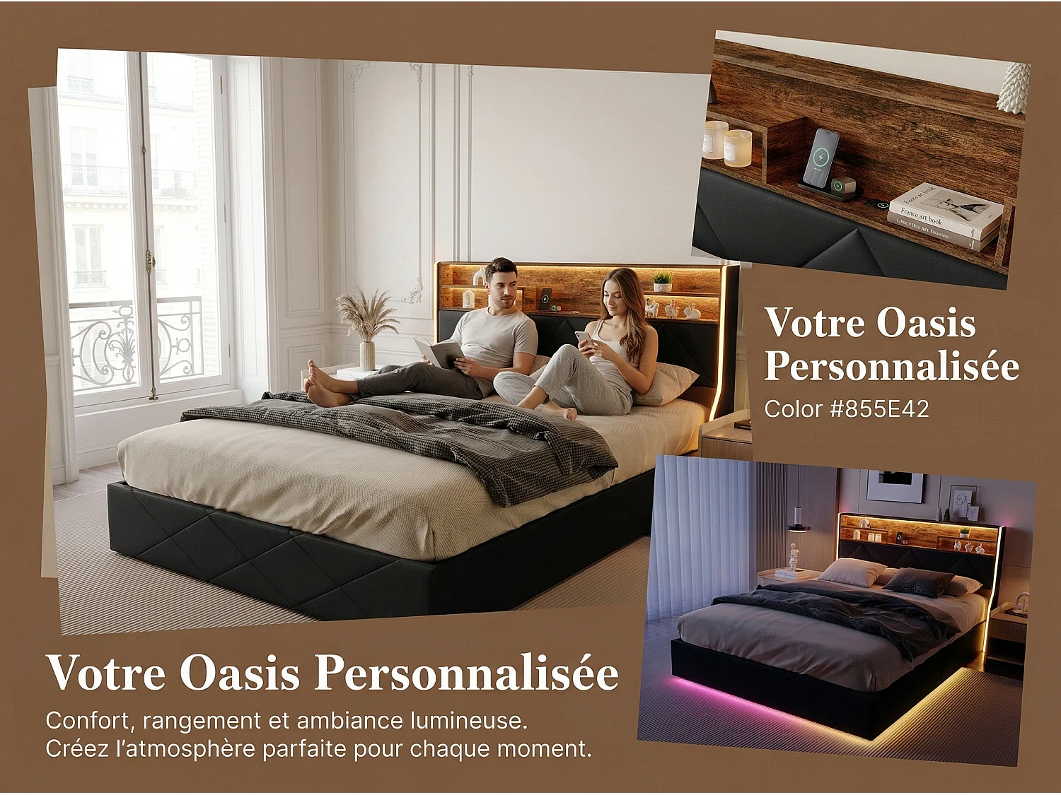 Lit coffre avec LED et USB, lit rembourré cuir, tête de lit avec rangement, design moderne, 140x200 / 160x200