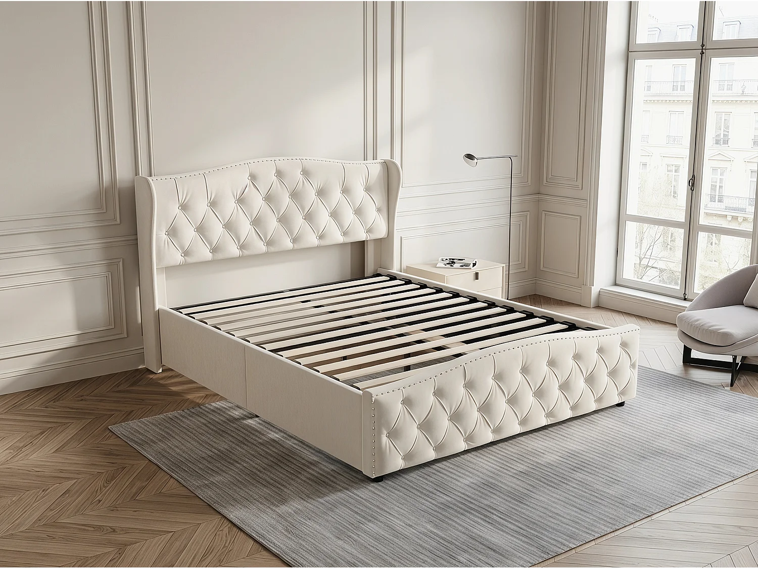 Lit coffre capitonné - 140x200cm - avec tiroir et sommier à lattes - Beige