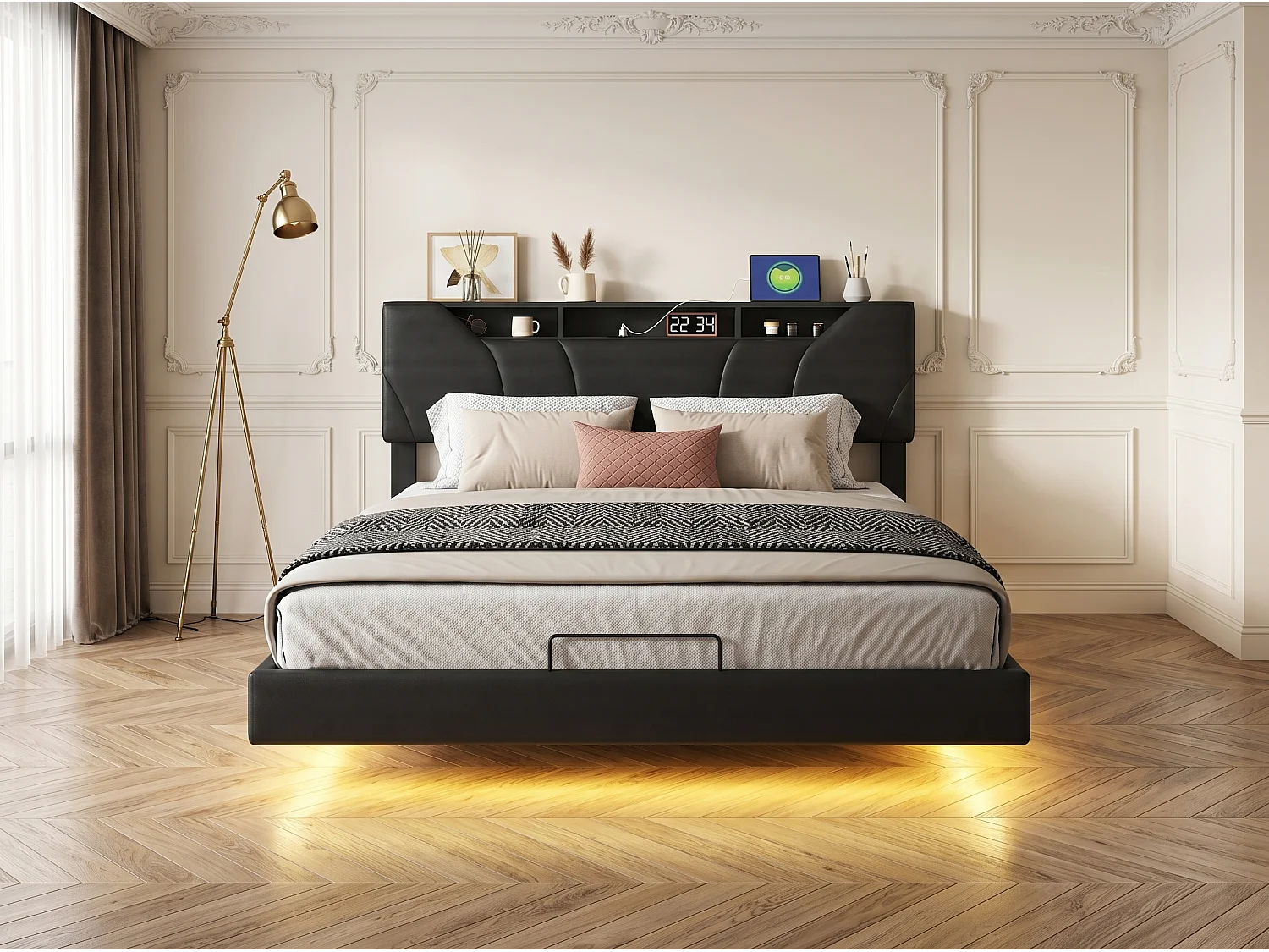 Lit flottant 160x200 cm - noir avec tête de lit rangement, cadre rembourré et sommier à lattes