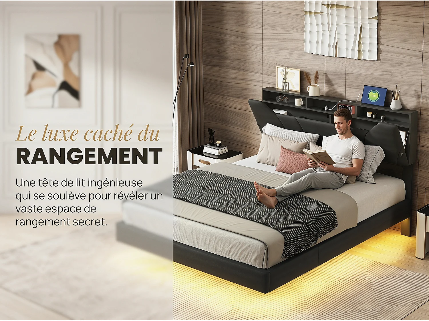 Lit flottant 160x200 cm - noir avec tête de lit rangement, cadre rembourré et sommier à lattes