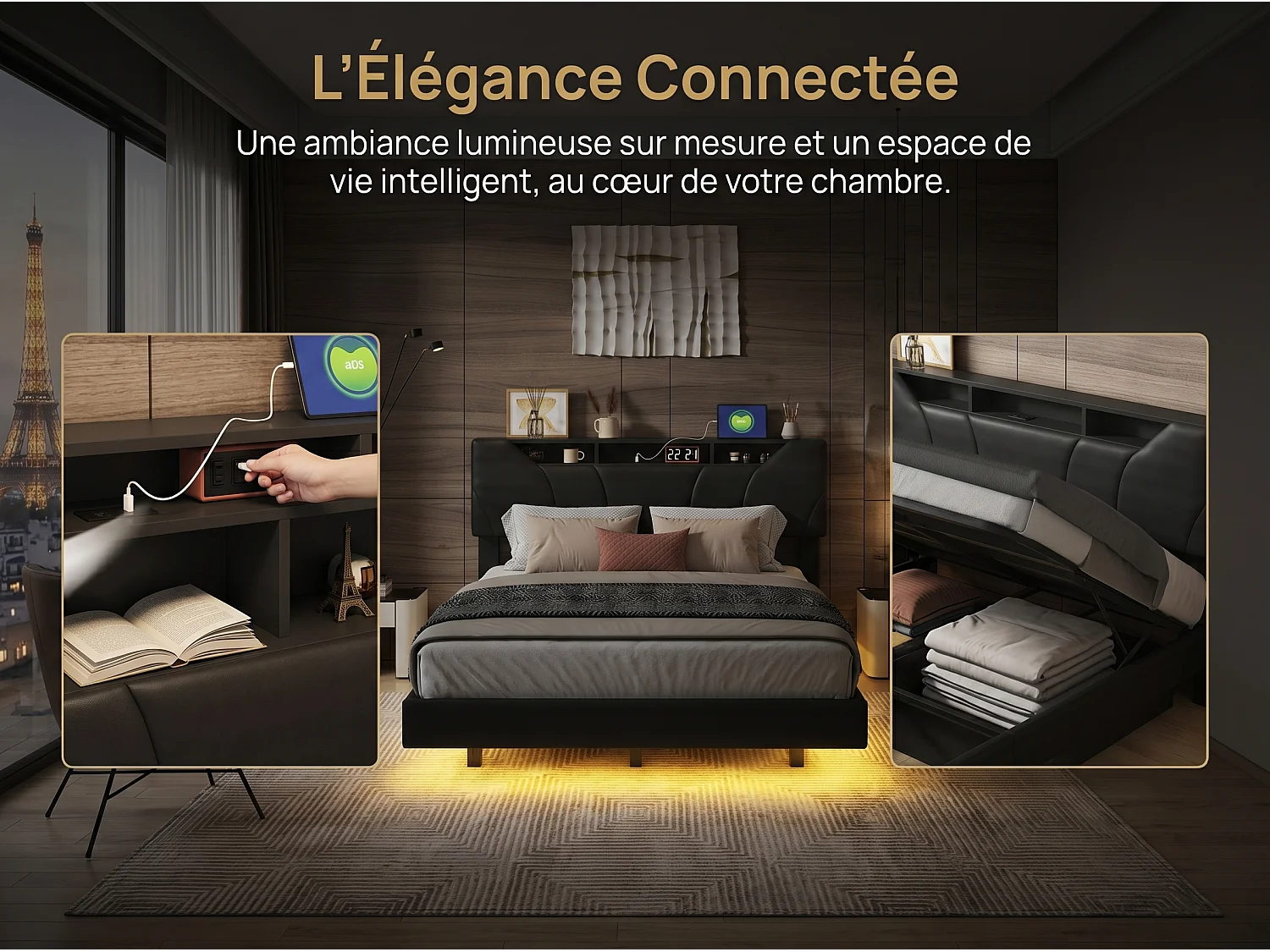 Lit flottant 160x200 cm - noir avec tête de lit rangement, cadre rembourré et sommier à lattes