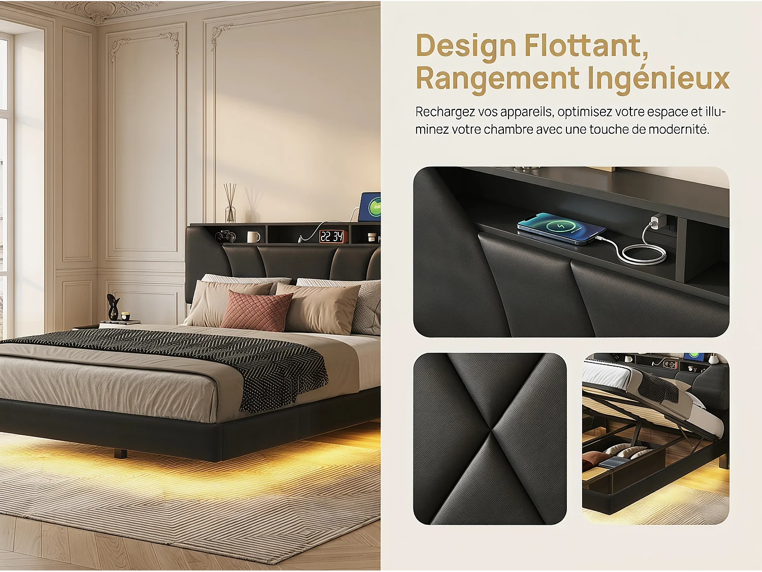 Lit flottant 160x200 cm - noir avec tête de lit rangement, cadre rembourré et sommier à lattes
