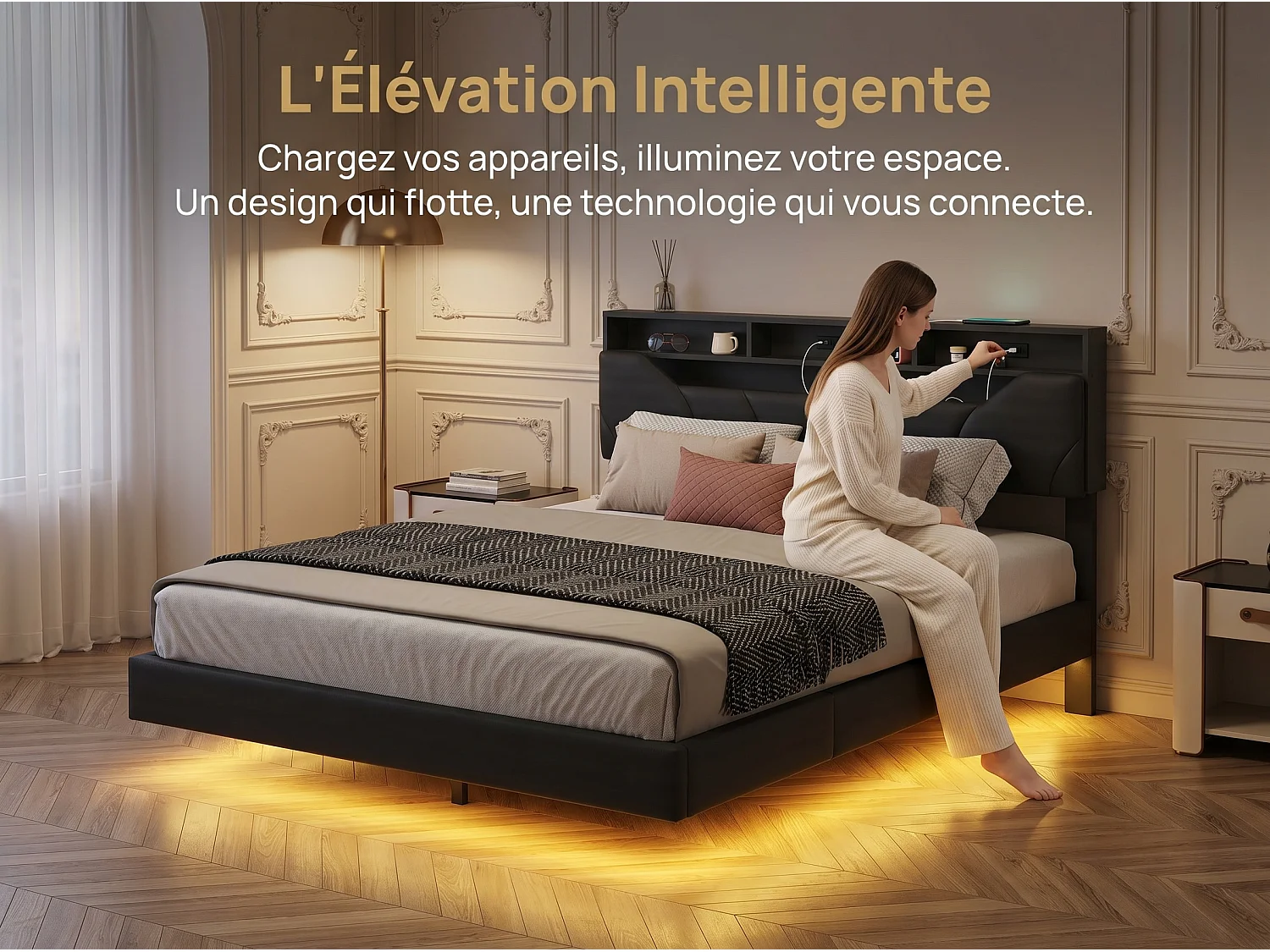 Lit flottant 160x200 cm - noir avec tête de lit rangement, cadre rembourré et sommier à lattes