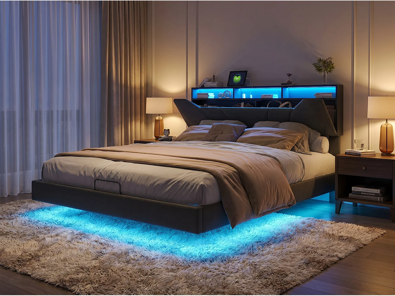 Lit flottant 160x200 cm - noir avec tête de lit rangement, cadre rembourré et sommier à lattes