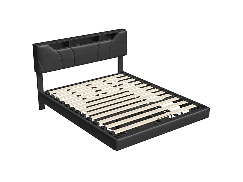 Lit flottant 160x200 cm - noir avec tête de lit rangement, cadre rembourré et sommier à lattes