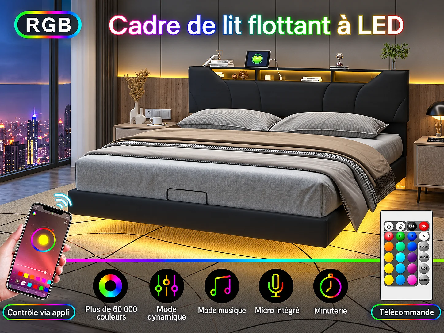 Lit flottant 160x200 cm - noir avec tête de lit rangement, cadre rembourré et sommier à lattes