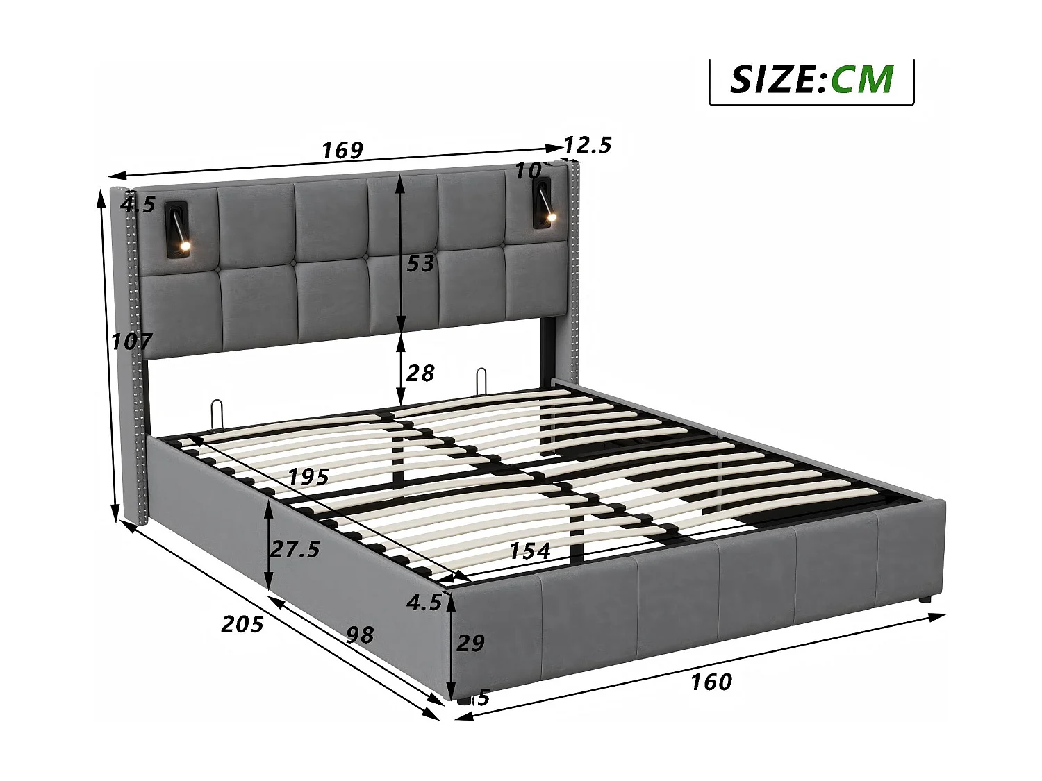 Lit coffre rembourré 160x200 cm - avec lampes intégrées - tête de lit capitonnée - grand rangement - sommier à lattes inclus