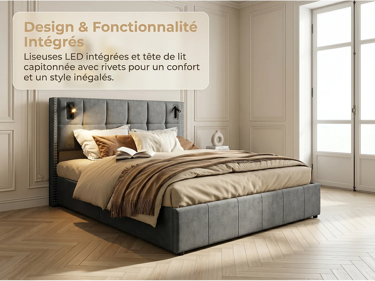 Lit coffre rembourré 160x200 cm - avec lampes intégrées - tête de lit capitonnée - grand rangement - sommier à lattes inclus