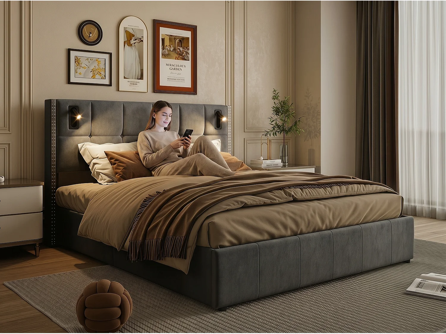Lit coffre rembourré 160x200 cm - avec lampes intégrées - tête de lit capitonnée - grand rangement - sommier à lattes inclus
