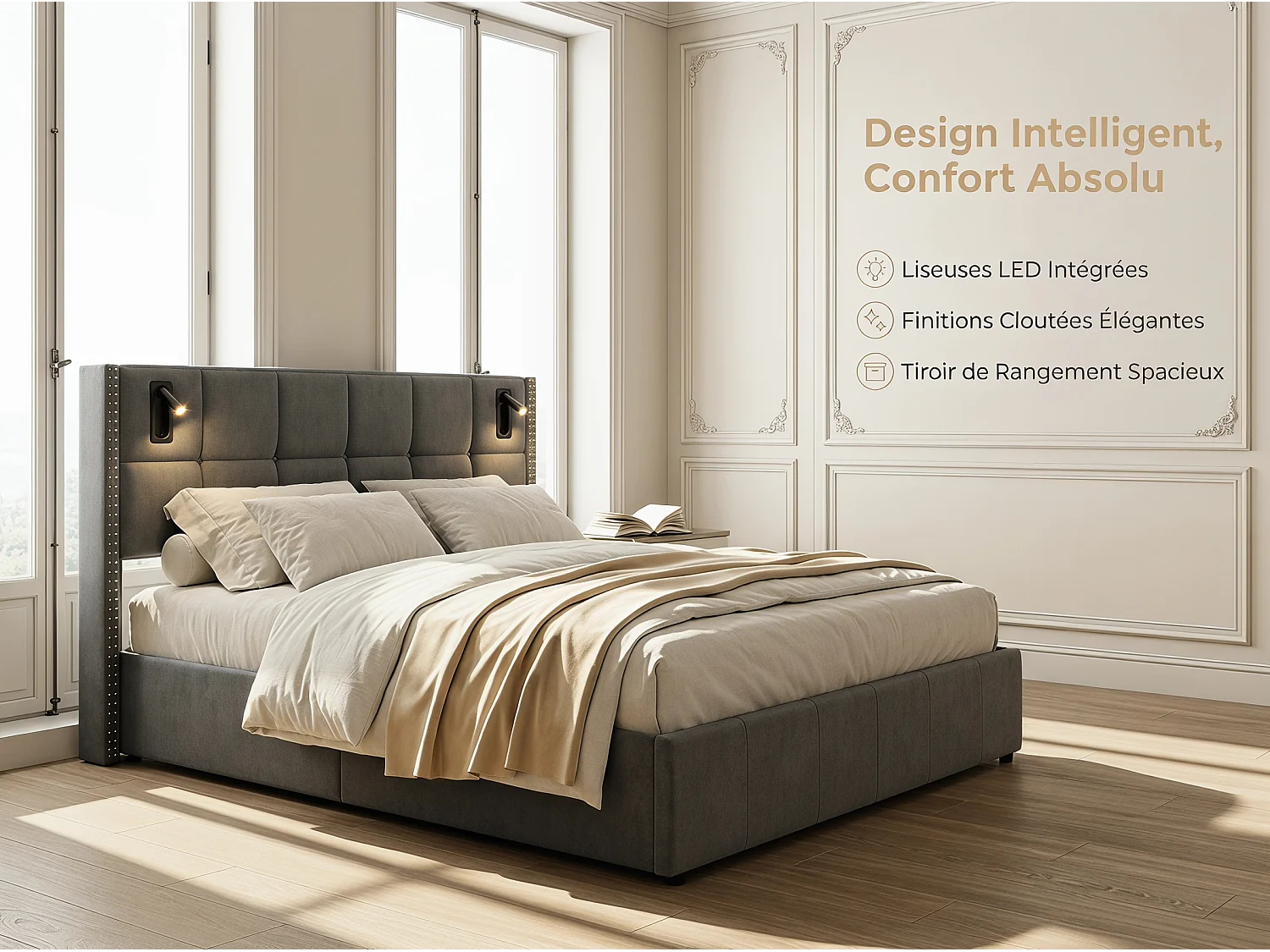 Lit coffre rembourré 160x200 cm - avec lampes intégrées - tête de lit capitonnée - grand rangement - sommier à lattes inclus