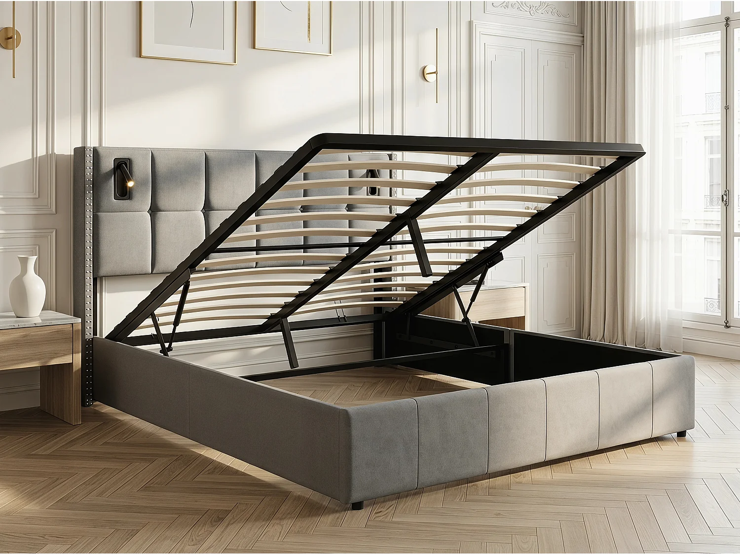 Lit coffre rembourré 160x200 cm - avec lampes intégrées - tête de lit capitonnée - grand rangement - sommier à lattes inclus