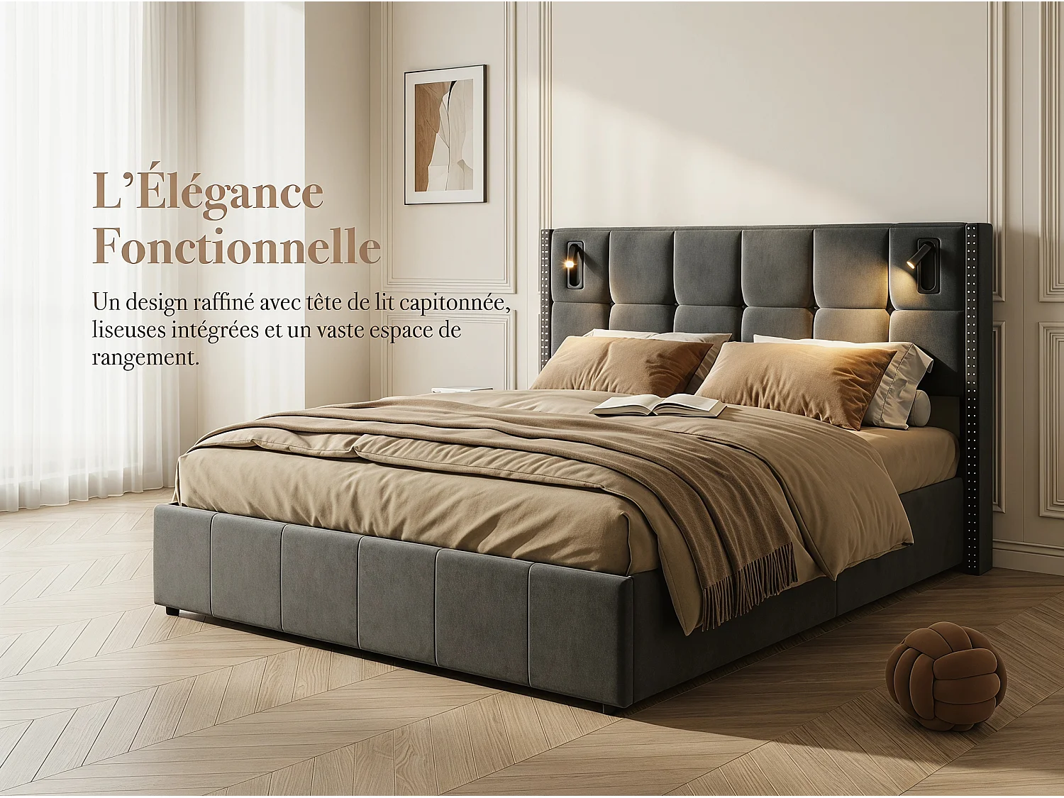 Lit coffre rembourré 160x200 cm - avec lampes intégrées - tête de lit capitonnée - grand rangement - sommier à lattes inclus