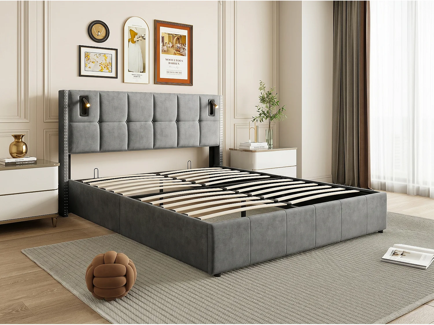 Lit coffre rembourré 160x200 cm - avec lampes intégrées - tête de lit capitonnée - grand rangement - sommier à lattes inclus