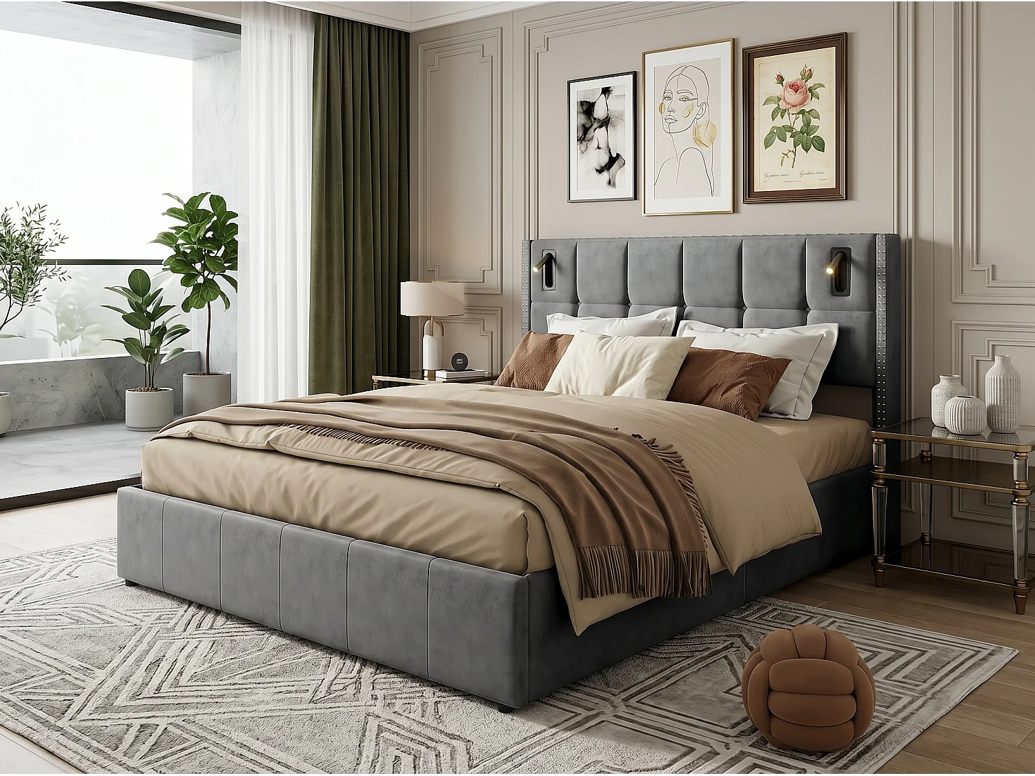 Lit coffre rembourré 160x200 cm - avec lampes intégrées - tête de lit capitonnée - grand rangement - sommier à lattes inclus