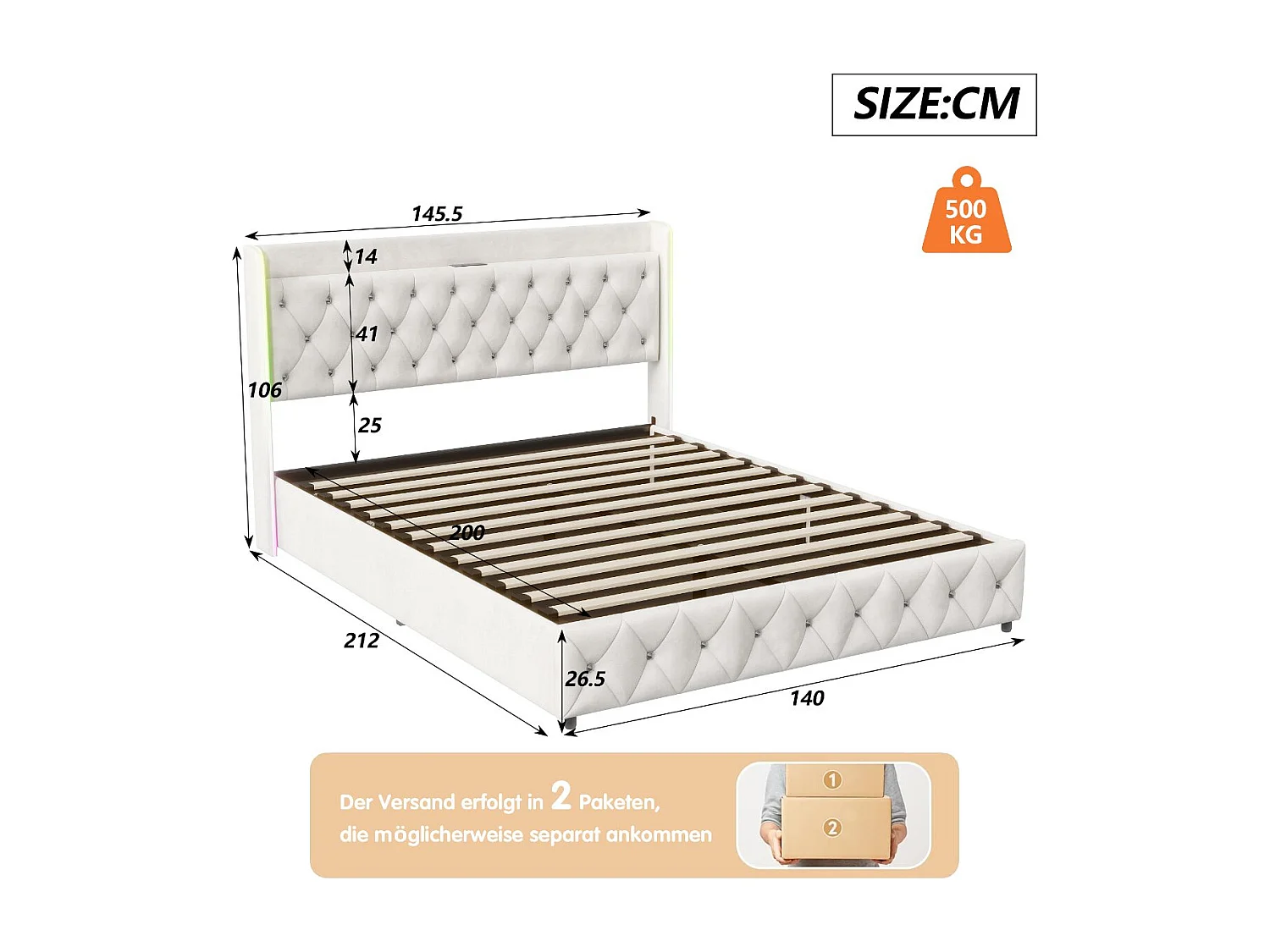 Lit coffre 140x200 cm - Lit capitonné velours beige avec LED et USB/Type-C - Sommier relevable - Grand rangement