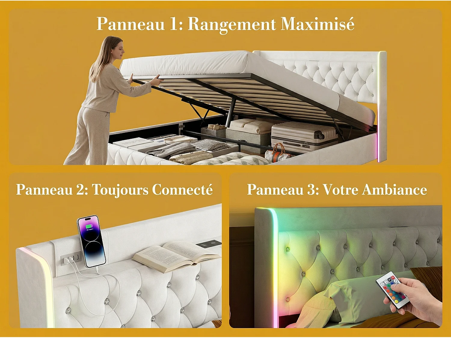 Lit coffre 140x200 cm - Lit capitonné velours beige avec LED et USB/Type-C - Sommier relevable - Grand rangement