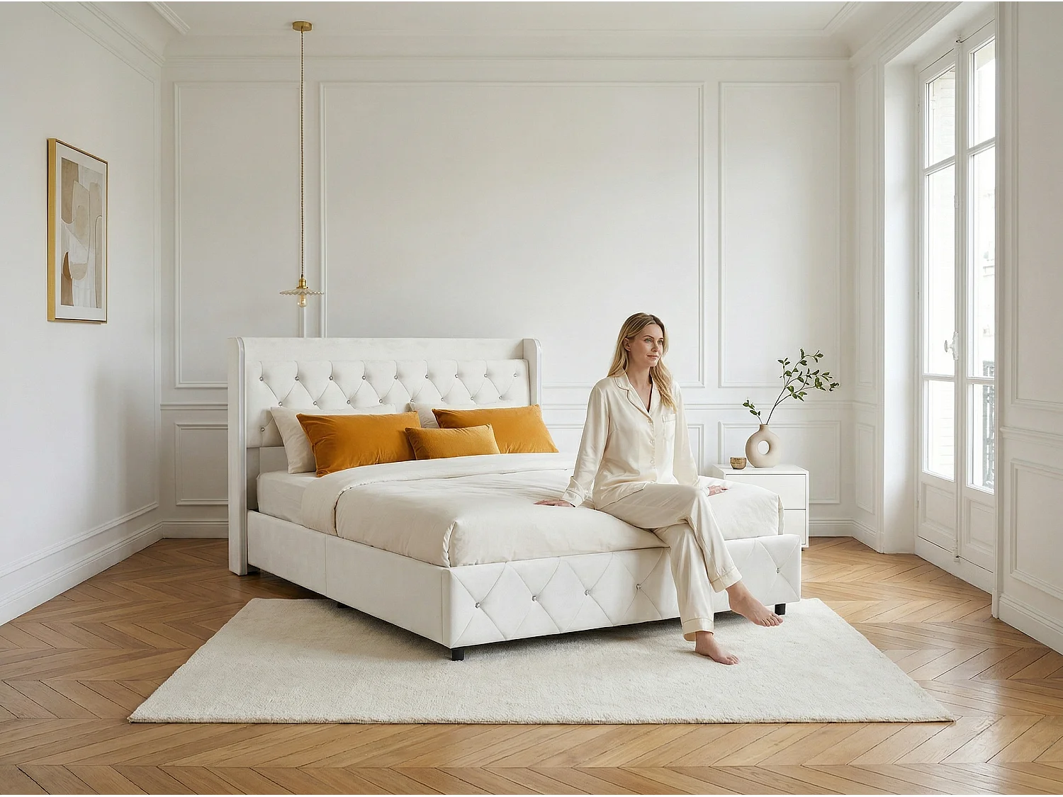 Lit coffre 140x200 cm - Lit capitonné velours beige avec LED et USB/Type-C - Sommier relevable - Grand rangement