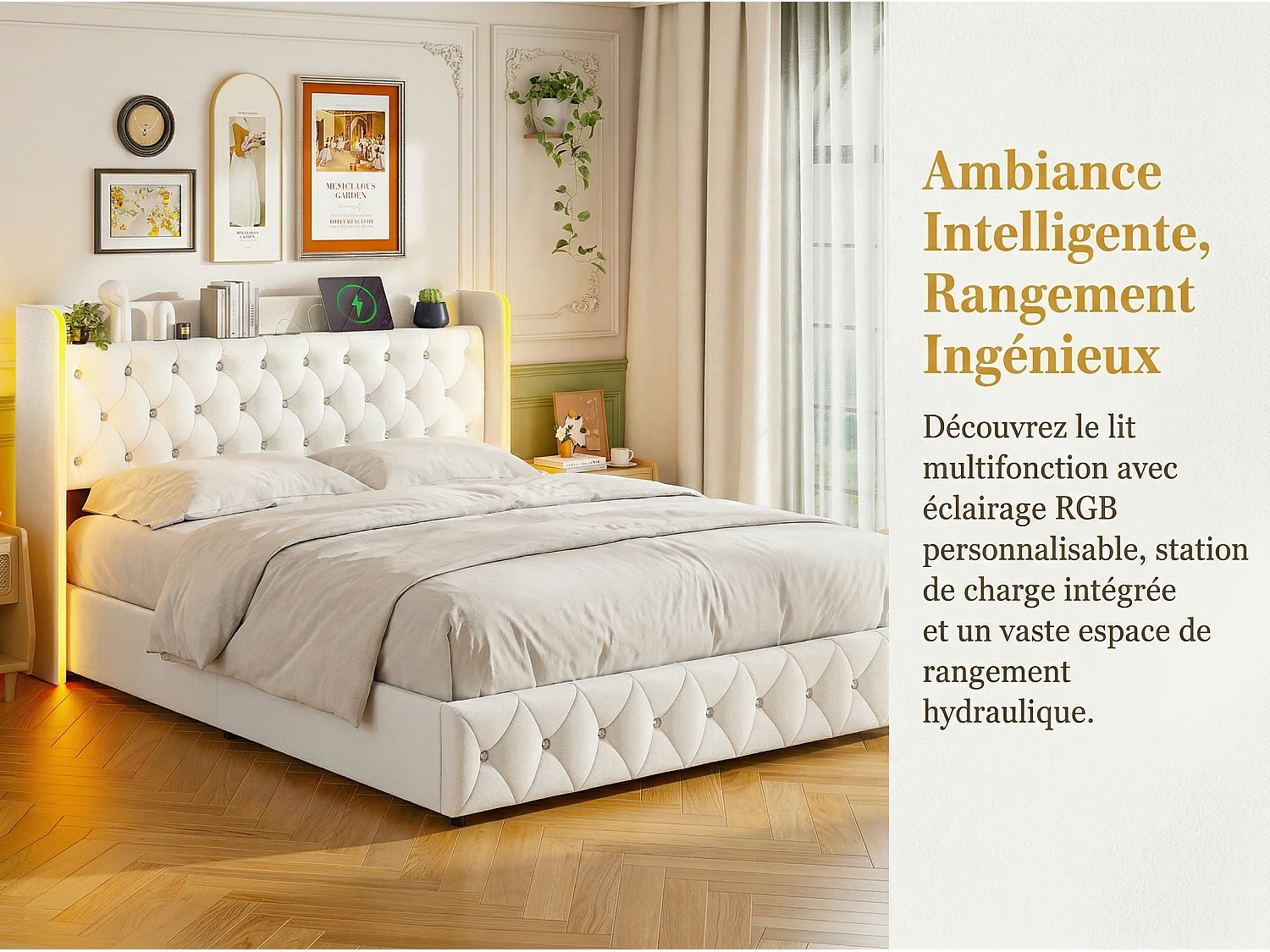 Lit coffre 140x200 cm - Lit capitonné velours beige avec LED et USB/Type-C - Sommier relevable - Grand rangement