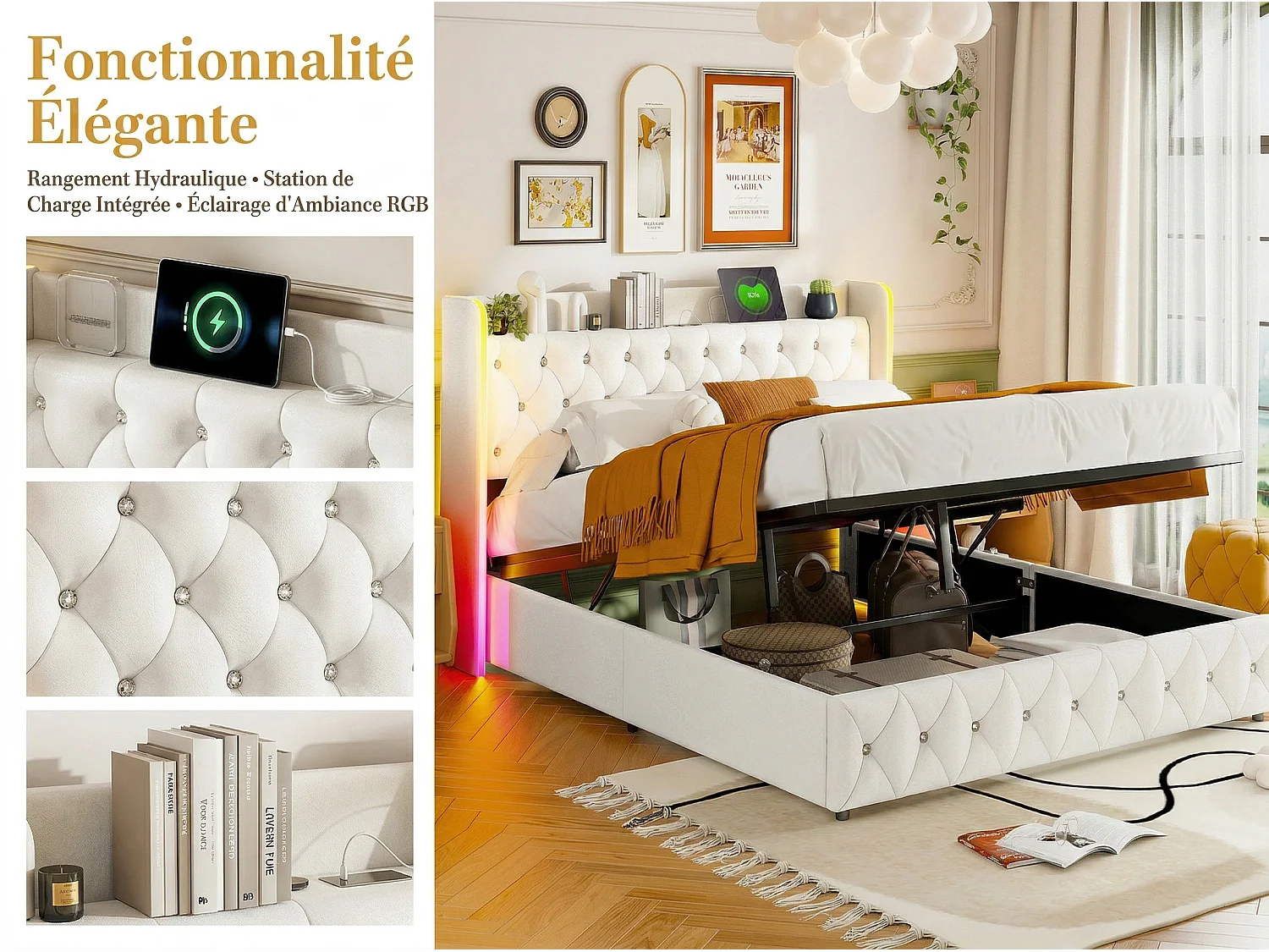 Lit coffre 140x200 cm - Lit capitonné velours beige avec LED et USB/Type-C - Sommier relevable - Grand rangement