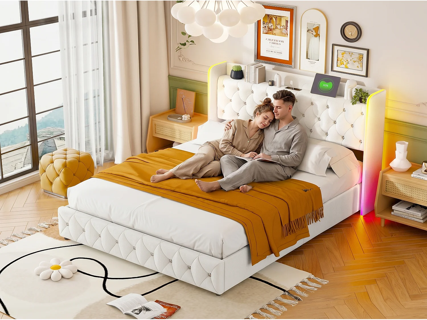 Lit coffre 140x200 cm - Lit capitonné velours beige avec LED et USB/Type-C - Sommier relevable - Grand rangement