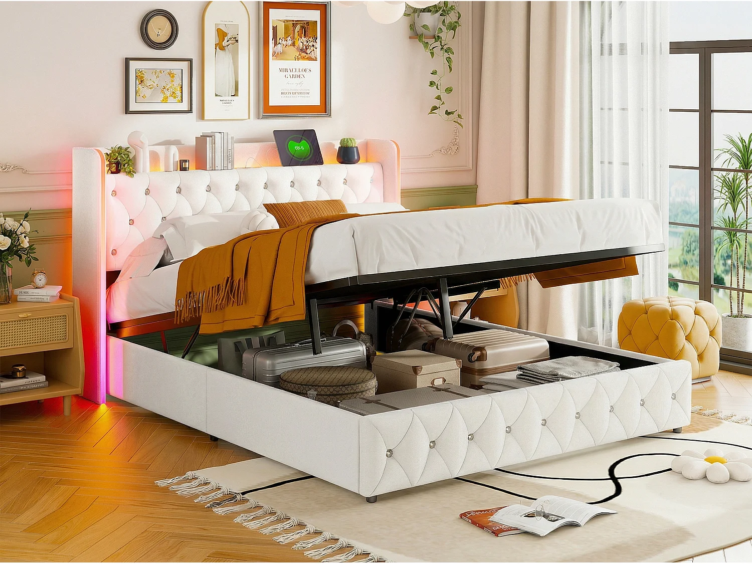 Lit coffre 140x200 cm - Lit capitonné velours beige avec LED et USB/Type-C - Sommier relevable - Grand rangement