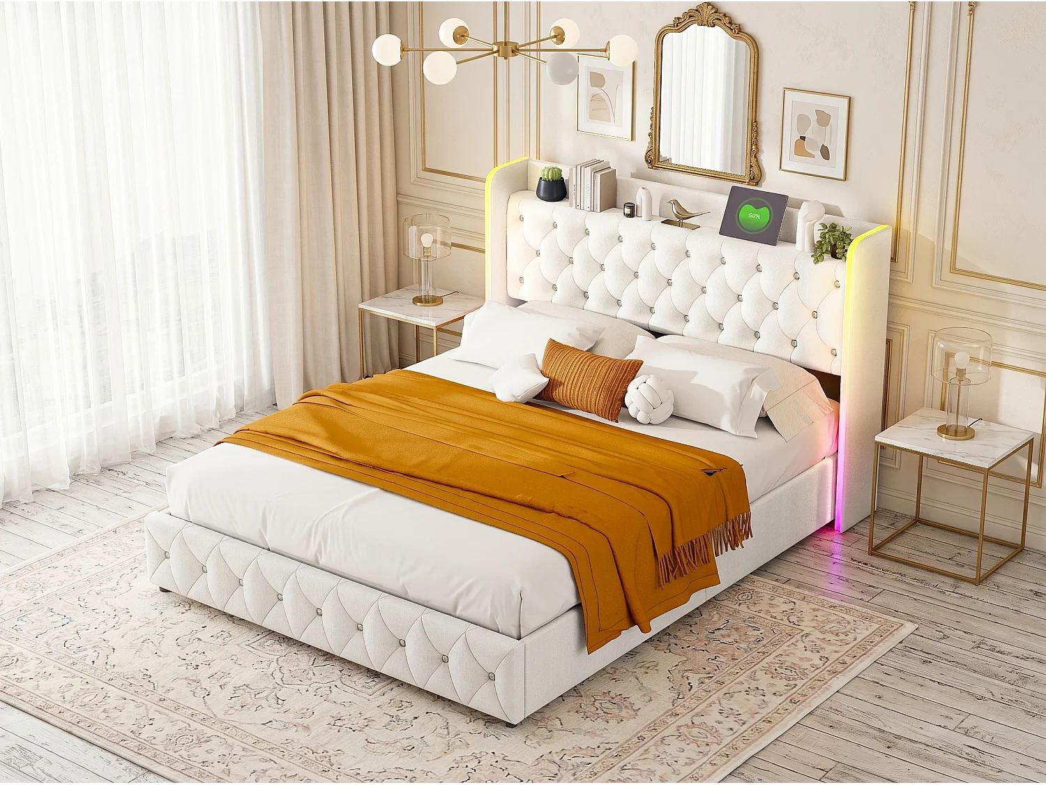 Lit coffre 140x200 cm - Lit capitonné velours beige avec LED et USB/Type-C - Sommier relevable - Grand rangement