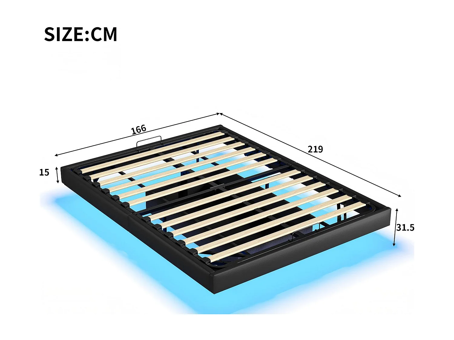 Lit coffre 140x200 cm flottant avec LED, cadre de lit PU sans tête, rangement hydraulique, sommier à lattes