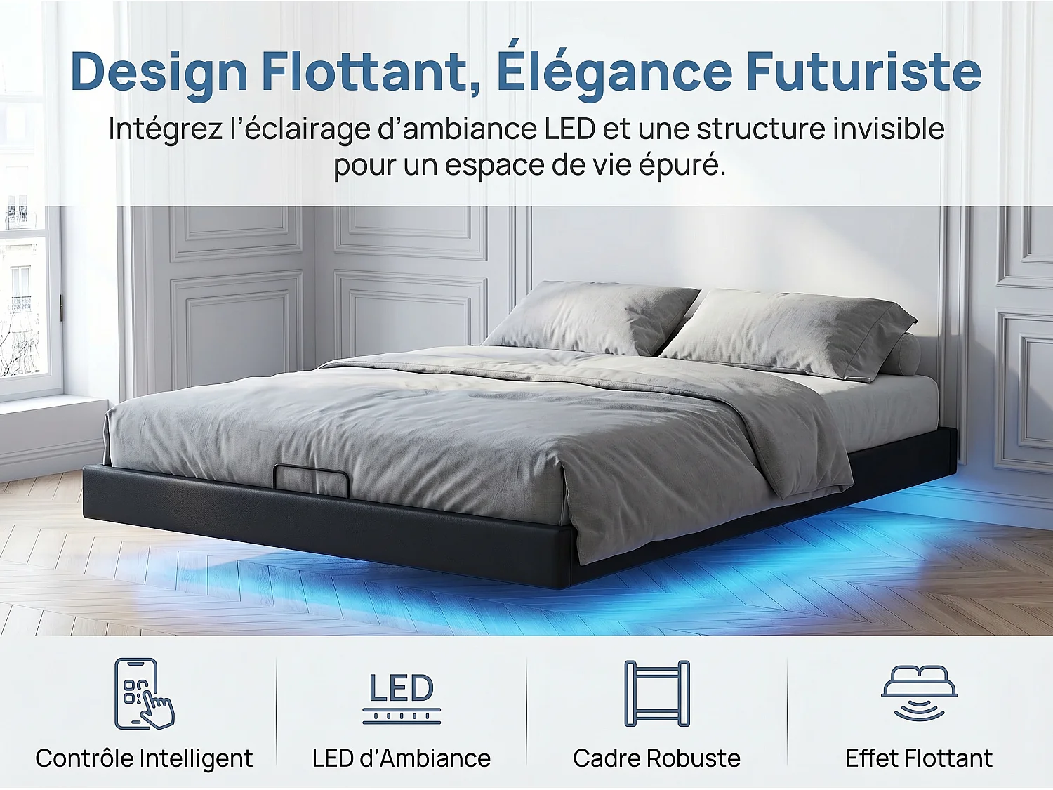 Lit coffre 140x200 cm flottant avec LED, cadre de lit PU sans tête, rangement hydraulique, sommier à lattes