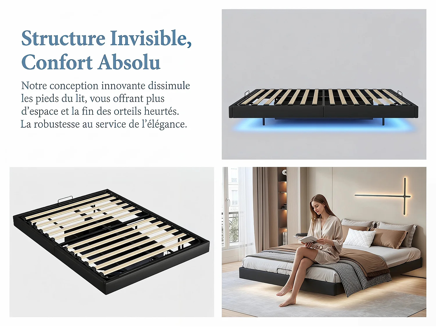 Lit coffre 140x200 cm flottant avec LED, cadre de lit PU sans tête, rangement hydraulique, sommier à lattes
