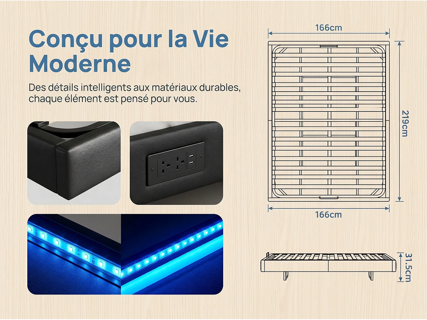 Lit coffre 140x200 cm flottant avec LED, cadre de lit PU sans tête, rangement hydraulique, sommier à lattes