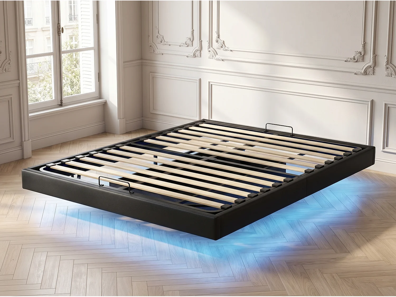 Lit coffre 140x200 cm flottant avec LED, cadre de lit PU sans tête, rangement hydraulique, sommier à lattes