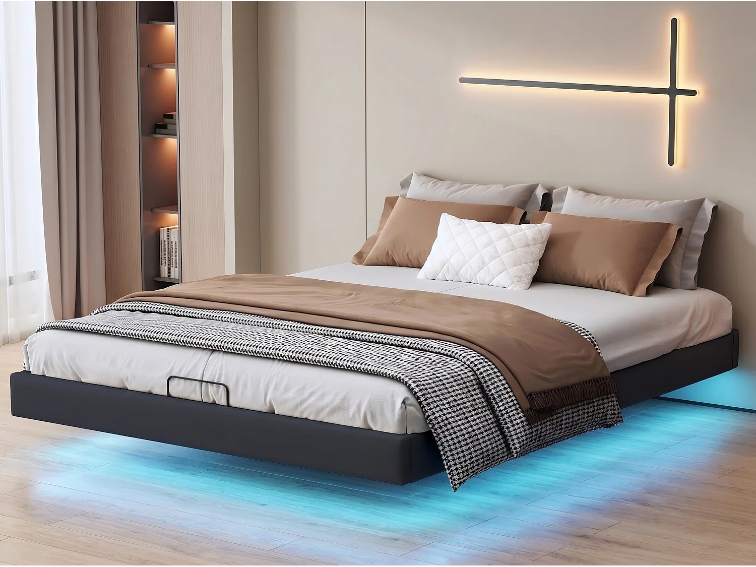 Lit coffre 140x200 cm flottant avec LED, cadre de lit PU sans tête, rangement hydraulique, sommier à lattes