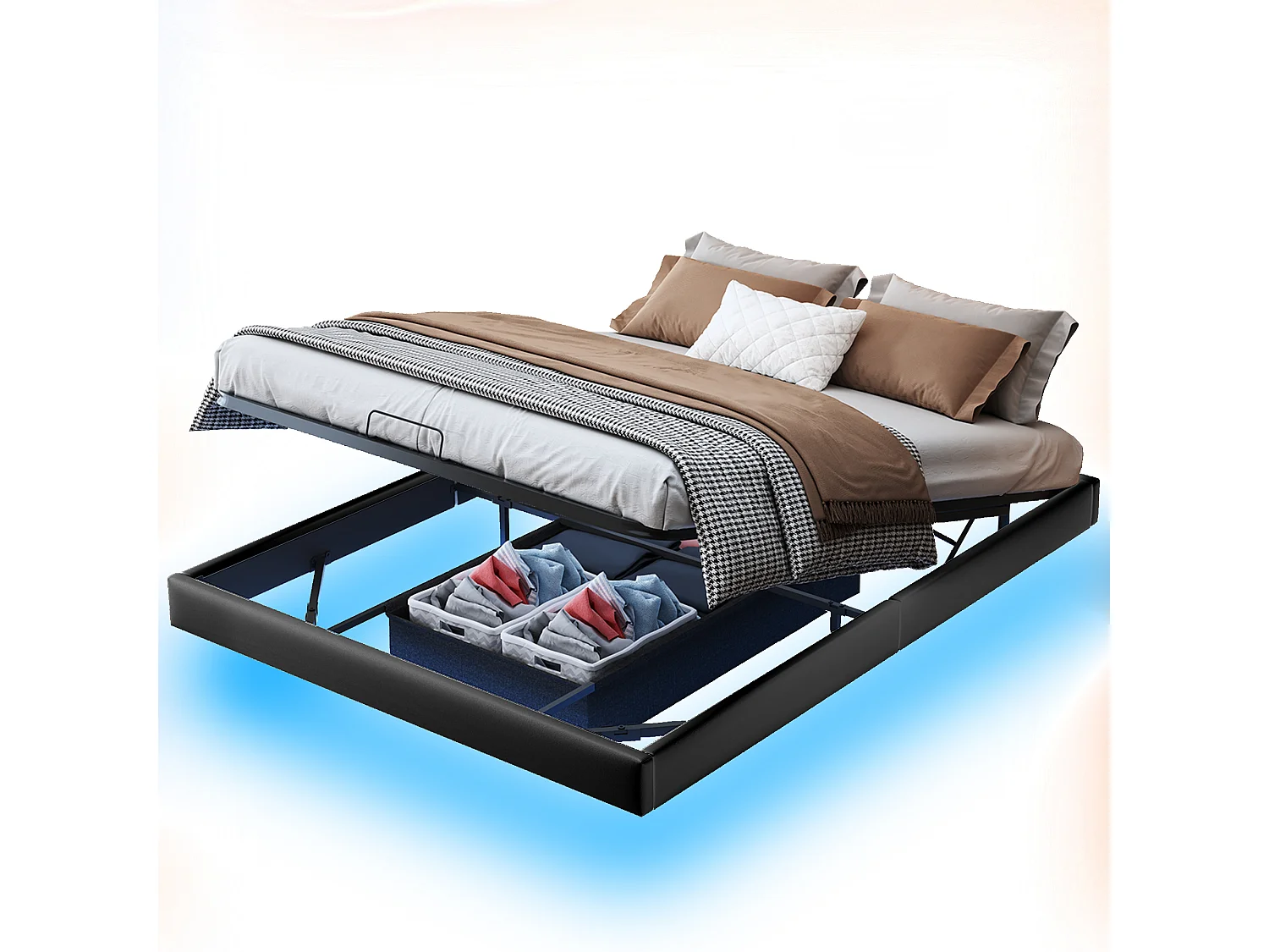 Lit coffre 140x200 cm flottant avec LED, cadre de lit PU sans tête, rangement hydraulique, sommier à lattes