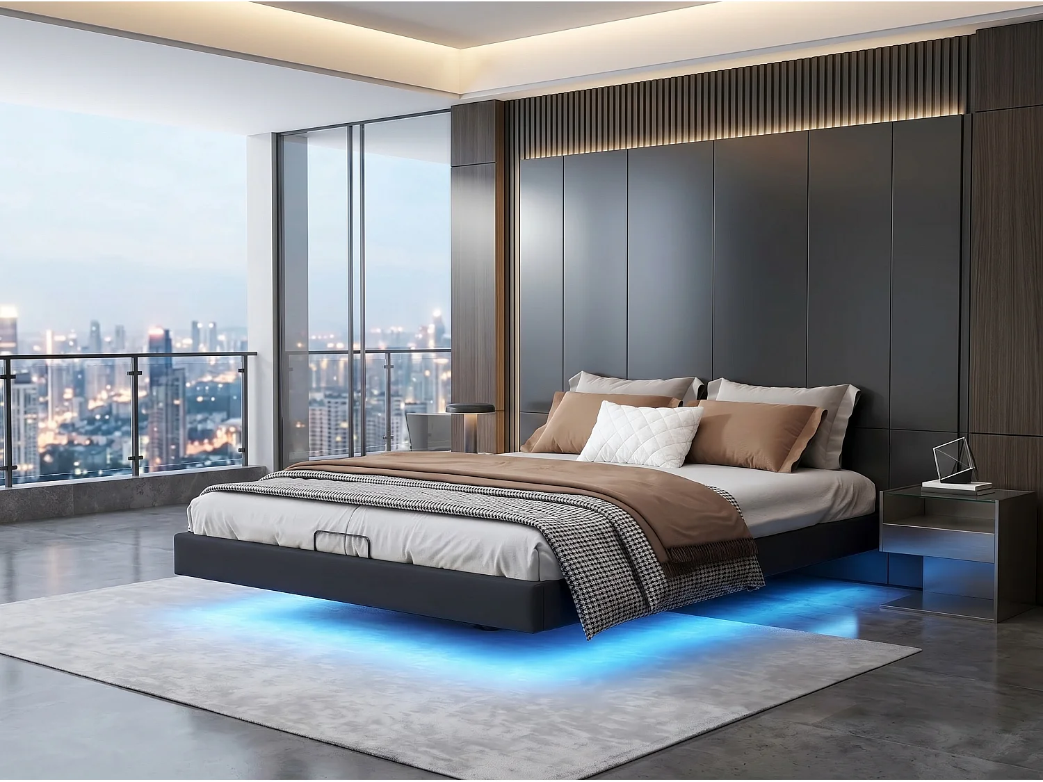 Lit coffre 140x200 cm flottant avec LED, cadre de lit PU sans tête, rangement hydraulique, sommier à lattes