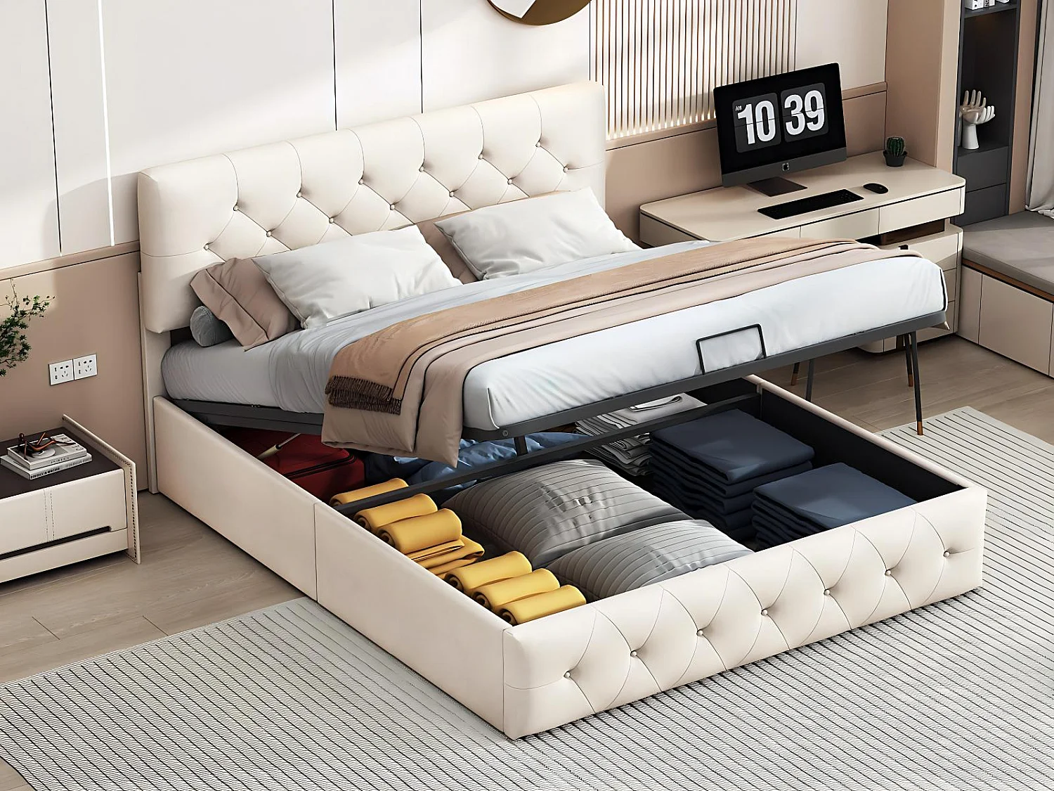 Lit coffre 160x200 cm avec tête de lit - Velours - Sommier à lattes et rangement hydraulique