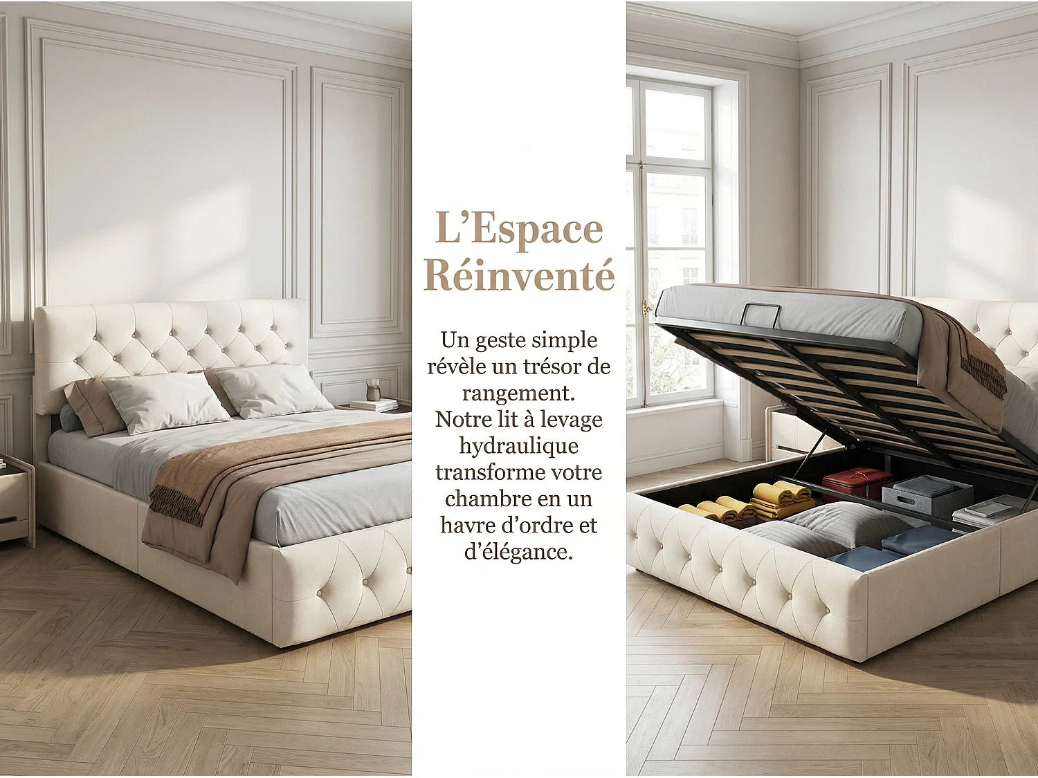 Lit coffre 160x200 cm avec tête de lit - Velours - Sommier à lattes et rangement hydraulique