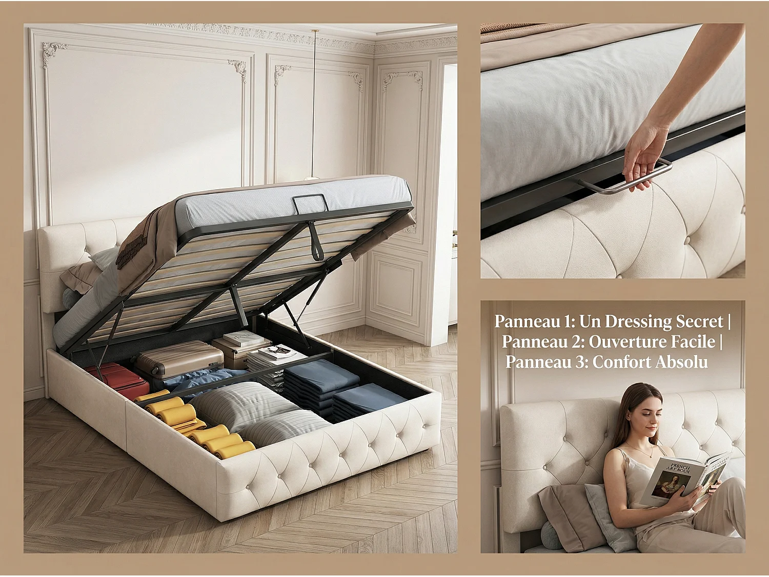 Lit coffre 160x200 cm avec tête de lit - Velours - Sommier à lattes et rangement hydraulique