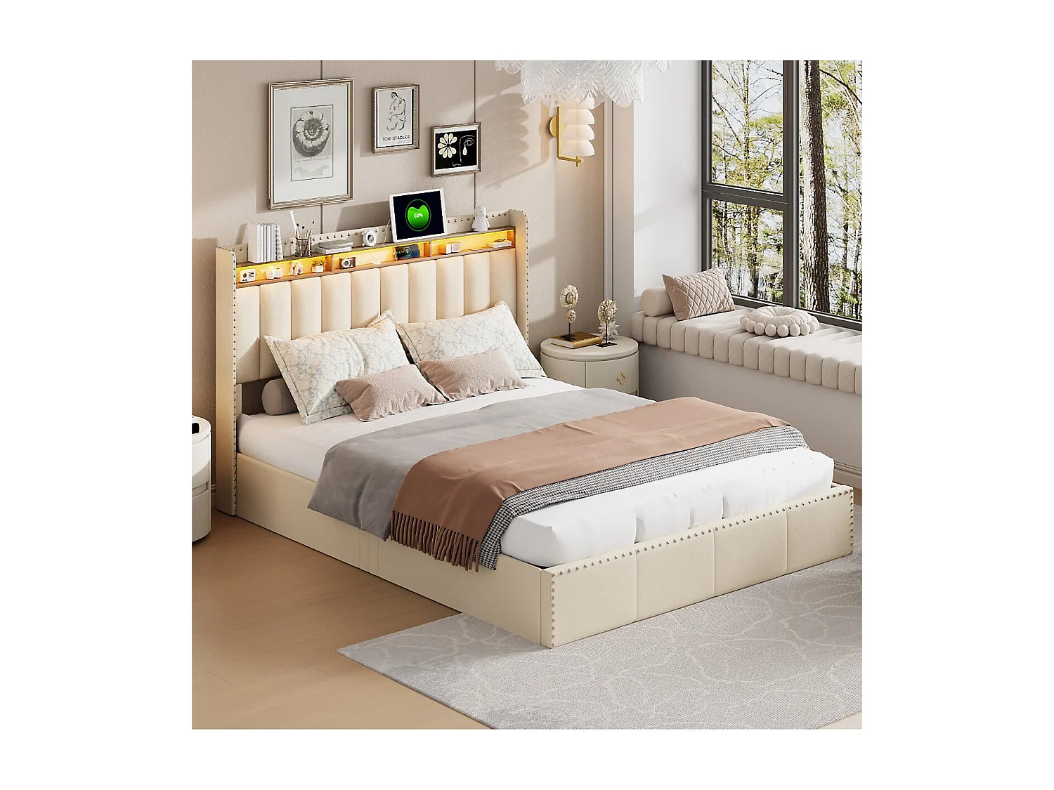 Lit coffre double capitonné - Beige - LED, tête de lit avec étagère et rangement